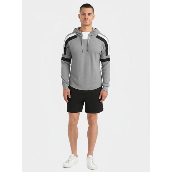 AMONGST OTHER Hooded Shirt Mens Size L Grey Waffle Knit Striped Casual - Picture 1 of 9